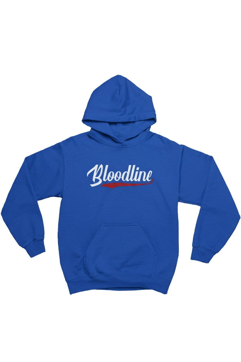 Blue hoodie with 'Bloodline' text on a white background